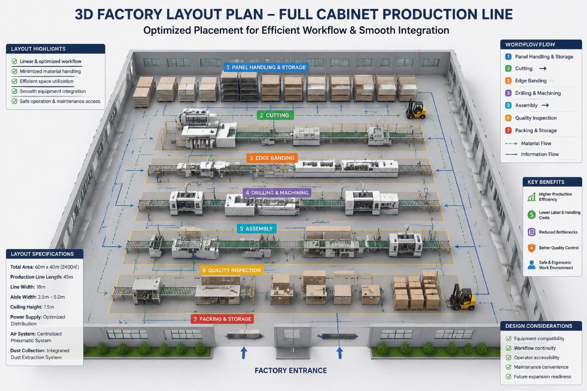 3D factory layout plan showing optimized placement of a full cabinet production line