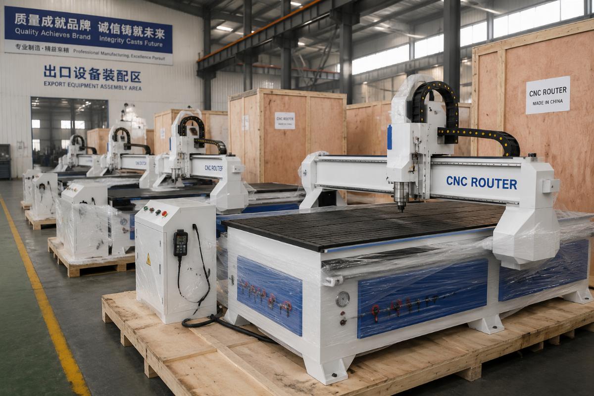 Custom CNC router units prepared for export Custom configured CNC router units ready for shipment from a Chinese machinery factory