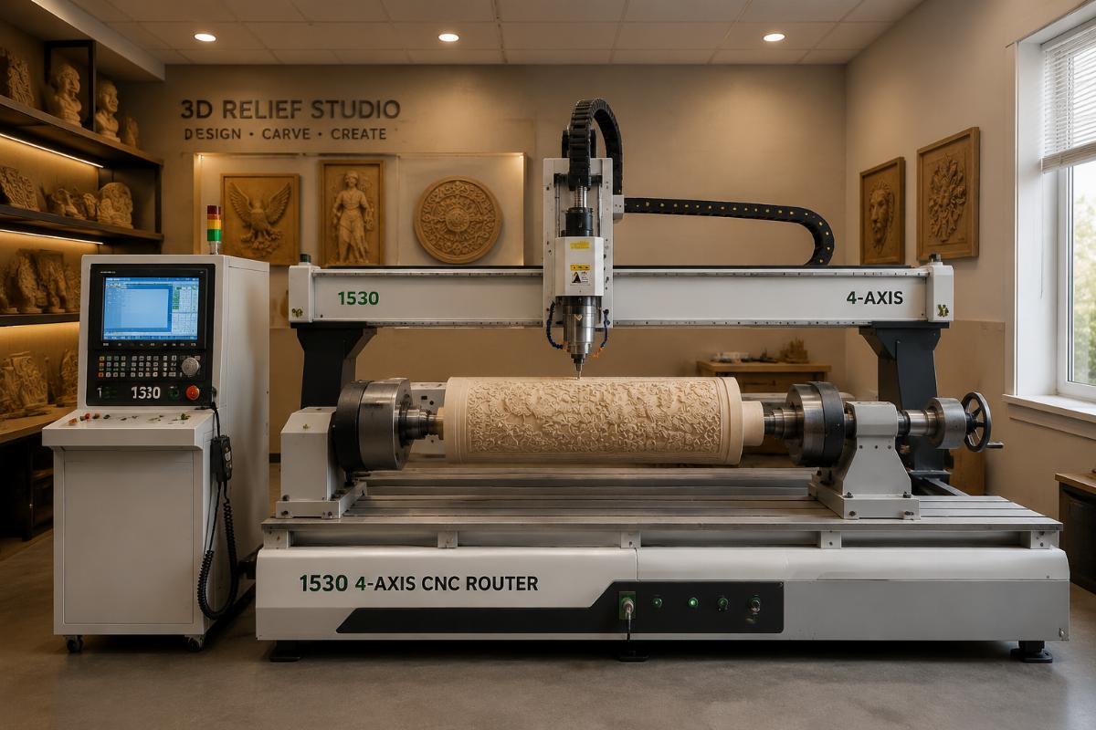 A custom 1530 size 4-axis CNC router installed in a small 3D relief studio