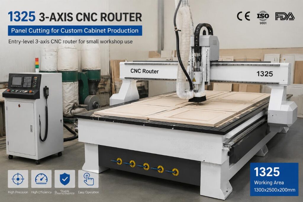 A certified 1325 3-axis CNC router running panel cutting for custom cabinet production