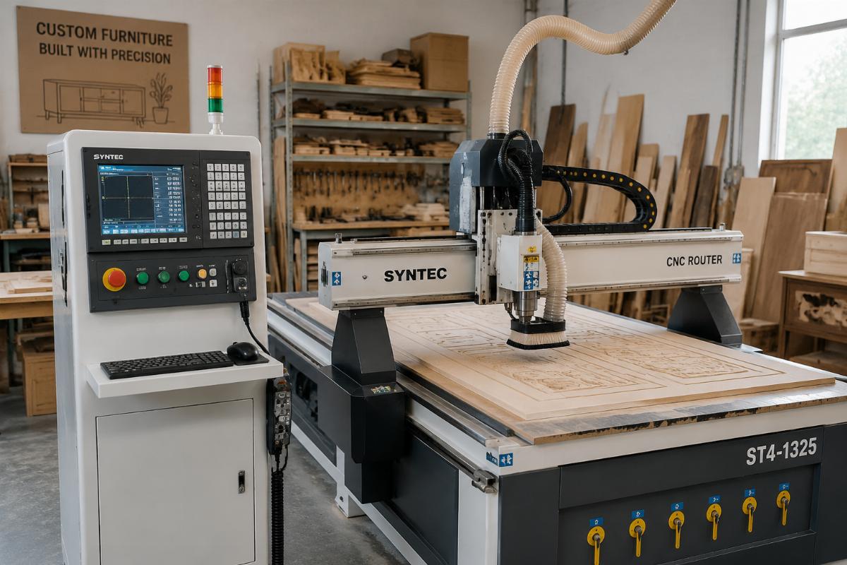 Entry-level Syntec CNC router for small woodworking businesses A small woodworking workshop operating a Syntec control CNC router for custom furniture production