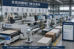 A complete CNC router line for cabinet doors running automated production in a modern factory
