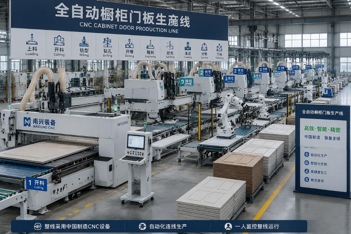 A complete CNC router line for cabinet doors running automated production in a modern factory