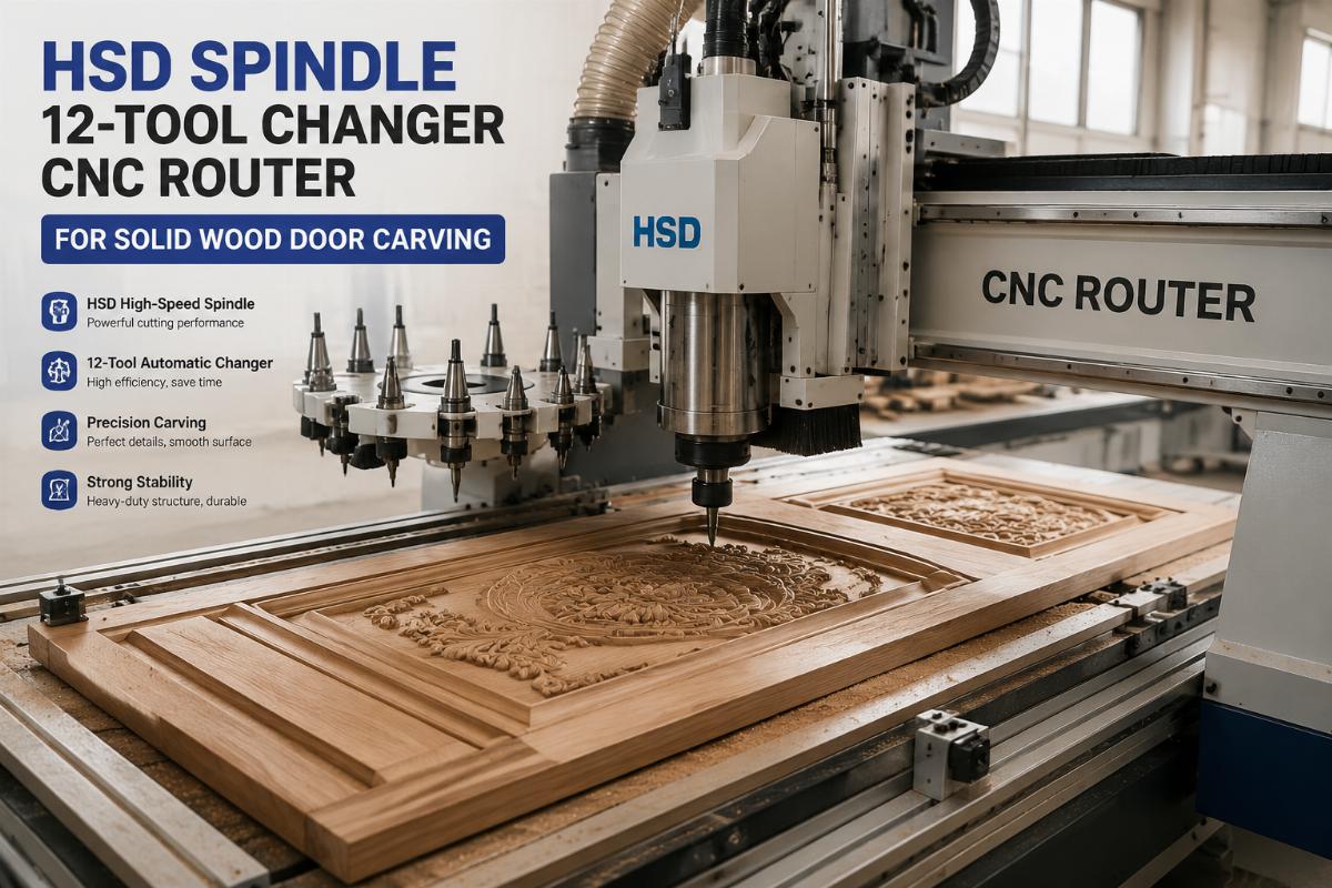 HSD spindle 12-tool changer CNC router carving solid wood door components