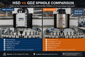 Side-by-side comparison of HSD and GDZ spindles installed on a 12-tool changer CNC router at a Chinese manufacturing facility