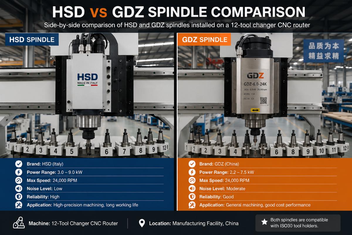 Side-by-side comparison of HSD and GDZ spindles installed on a 12-tool changer CNC router at a Chinese manufacturing facility