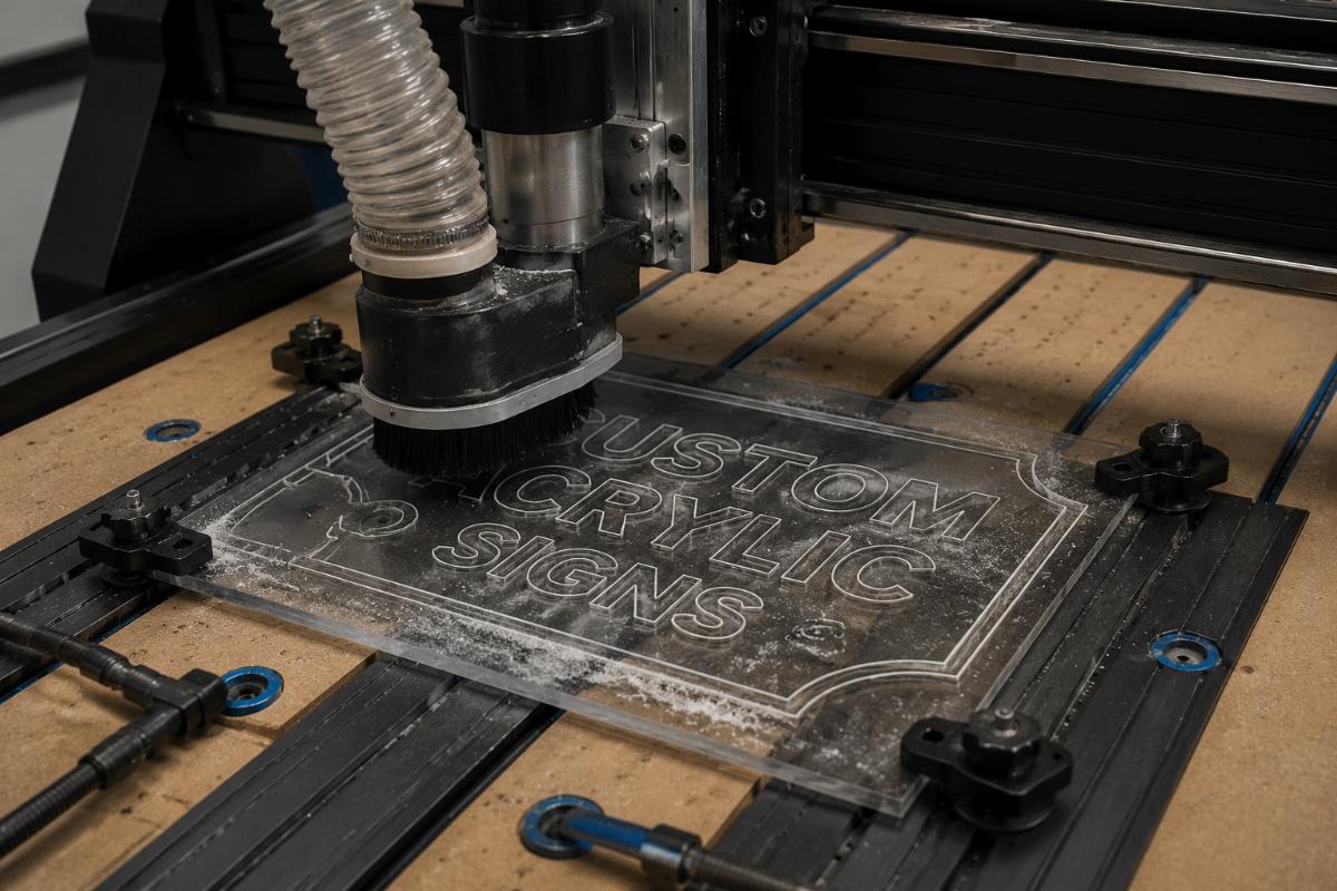 Hybrid T-slot vacuum bed in active use Hybrid T-slot and vacuum bed CNC router processing an acrylic sign blank