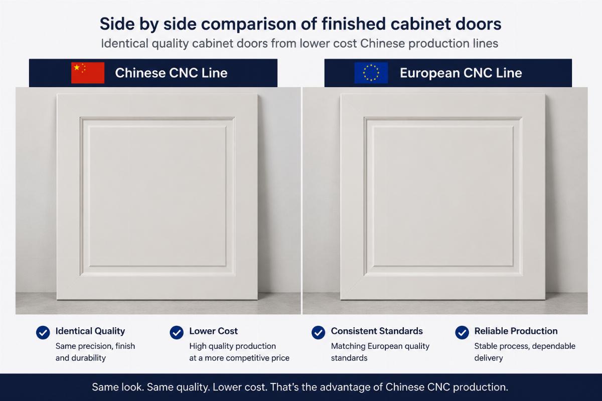 Side by side comparison of finished cabinet doors produced by Chinese and European CNC lines
