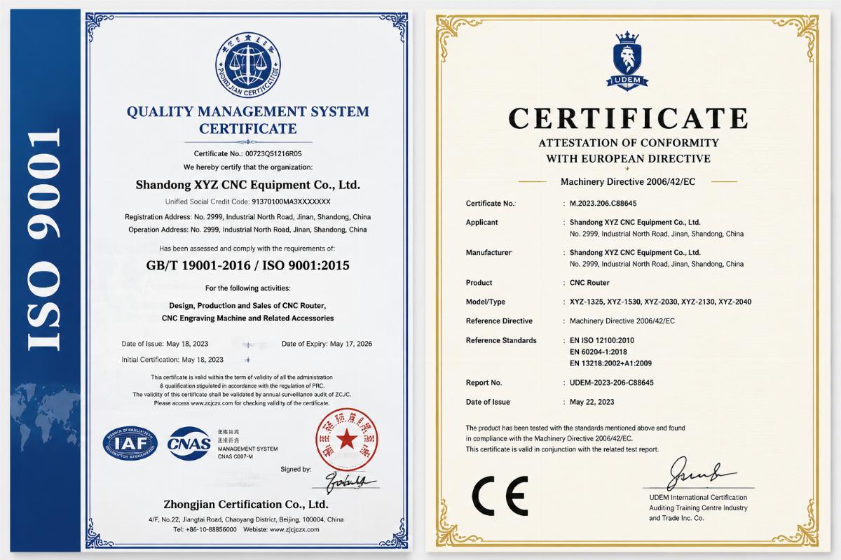 Certification document sample for industrial CNC equipment from Chinese manufacturers