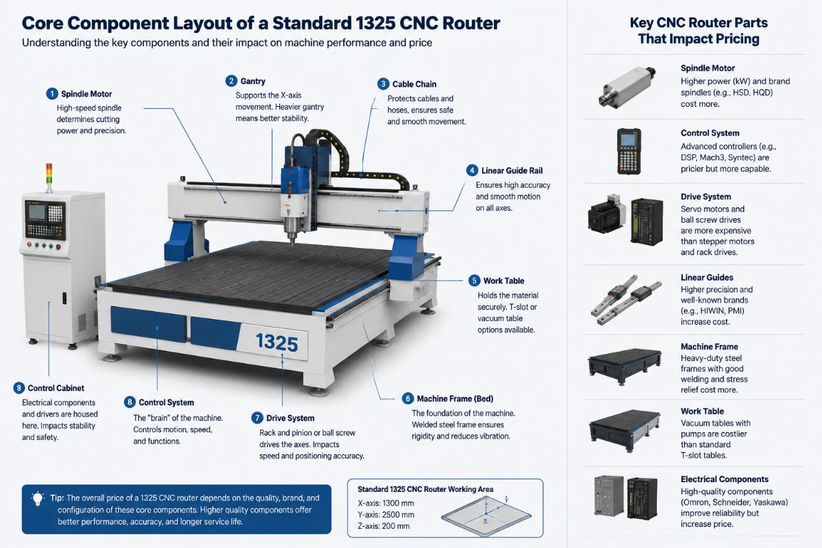 Core component layout of a standard 1325 CNC router