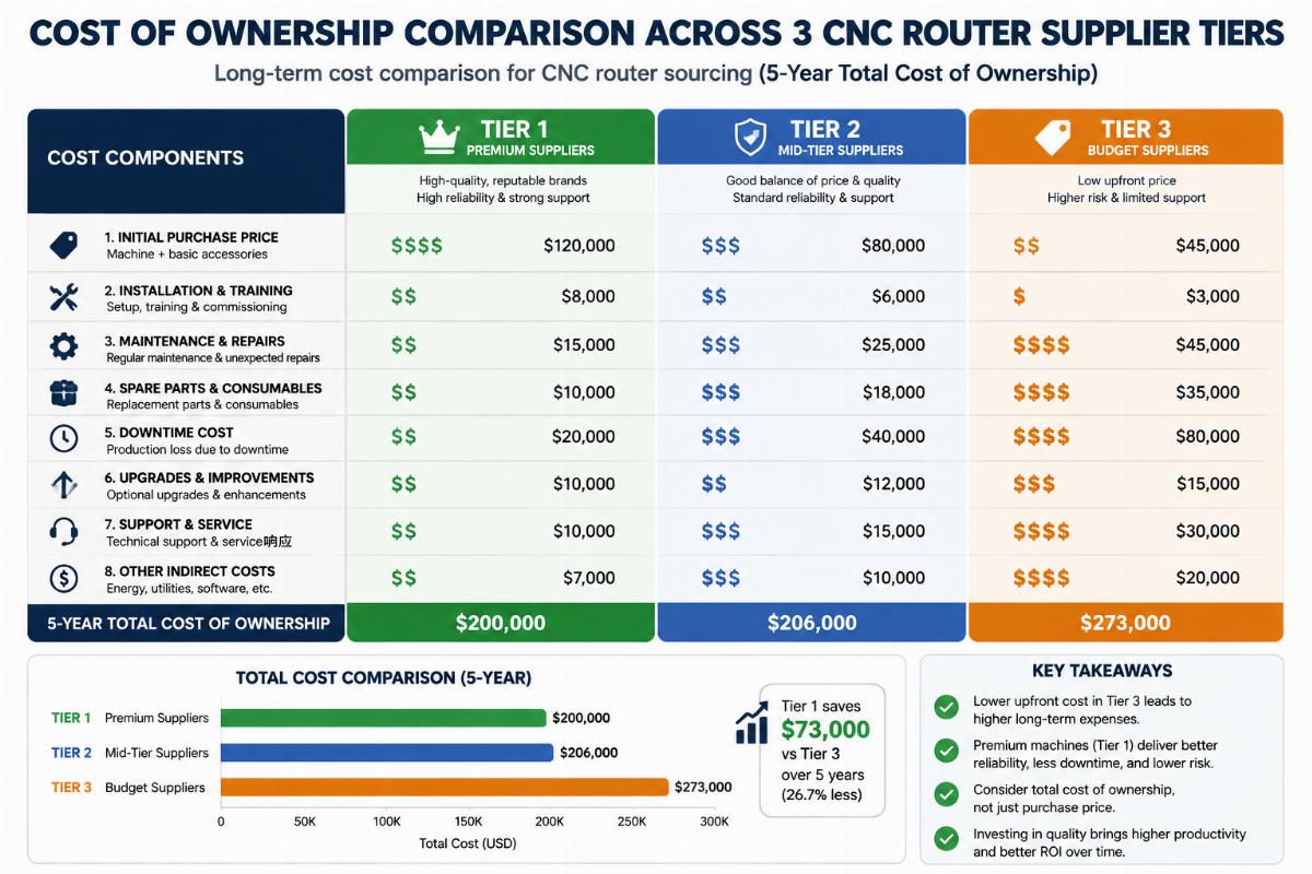 Cost of ownership comparison across 3 CNC router supplier tiers