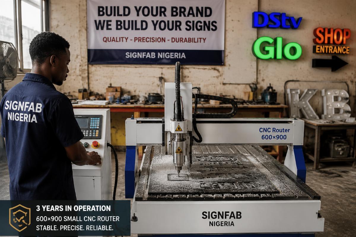 A 3-year old 600×900 small CNC router operating in a Nigerian sign factory