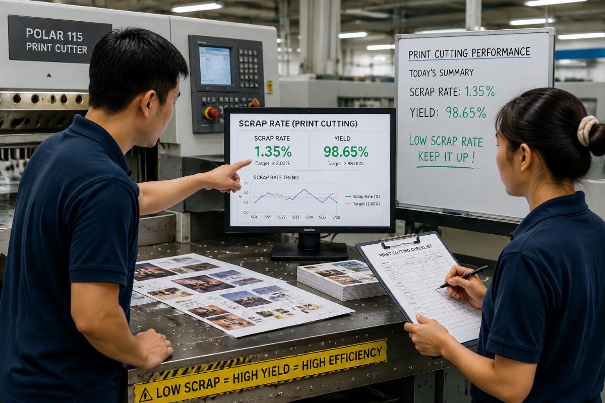 Workers reviewing scrap rate data at a print cutting workbench