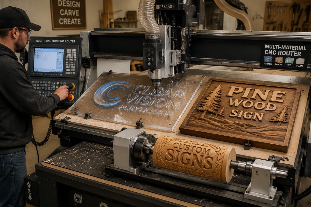 Sign maker processing acrylic and solid wood on a multi-function CNC router