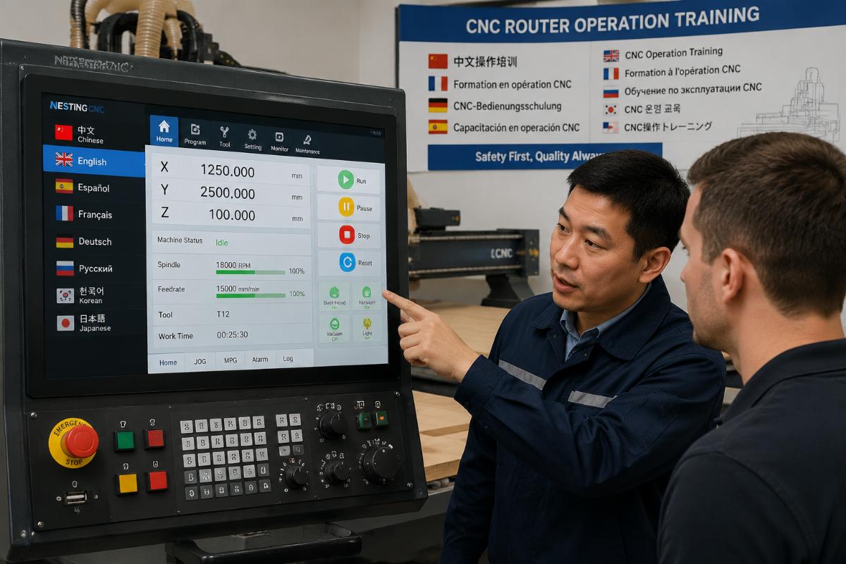 Operator receiving training on a nested-based CNC router control panel with multilingual interface