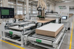 A nested-based CNC router with automatic loading and unloading system operating in a clean panel furniture factory