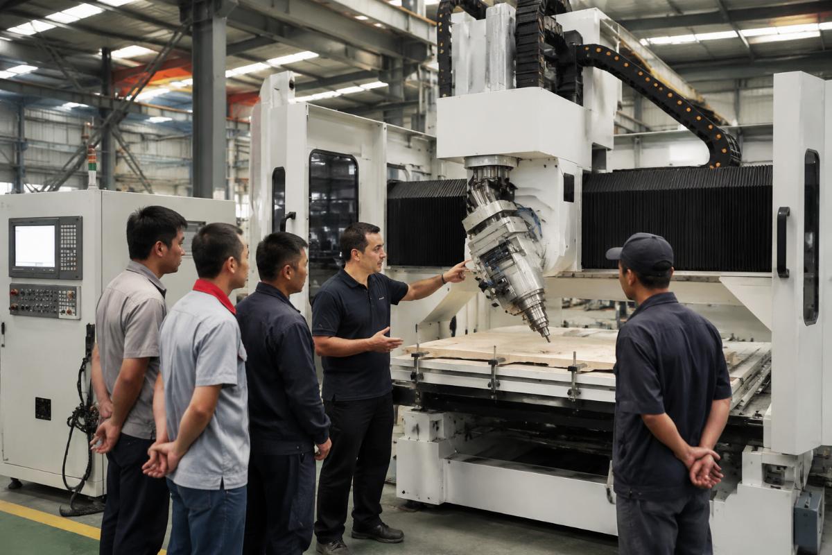 Engineer conducting on-site 5-axis CNC router installation and training for factory staff