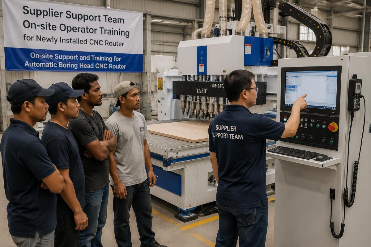 Supplier support team running on-site operator training for a newly installed CNC router