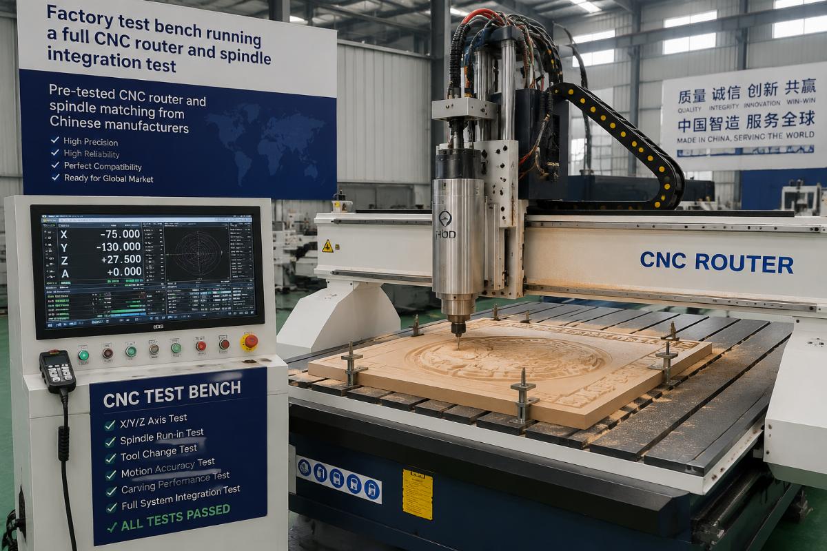 Pre-tested CNC router and spindle matching from Chinese manufacturers Factory test bench running a full CNC router and spindle integration test