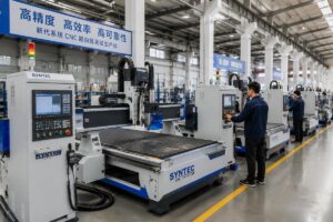 A production line of Syntec control CNC routers being tested in a Chinese factory