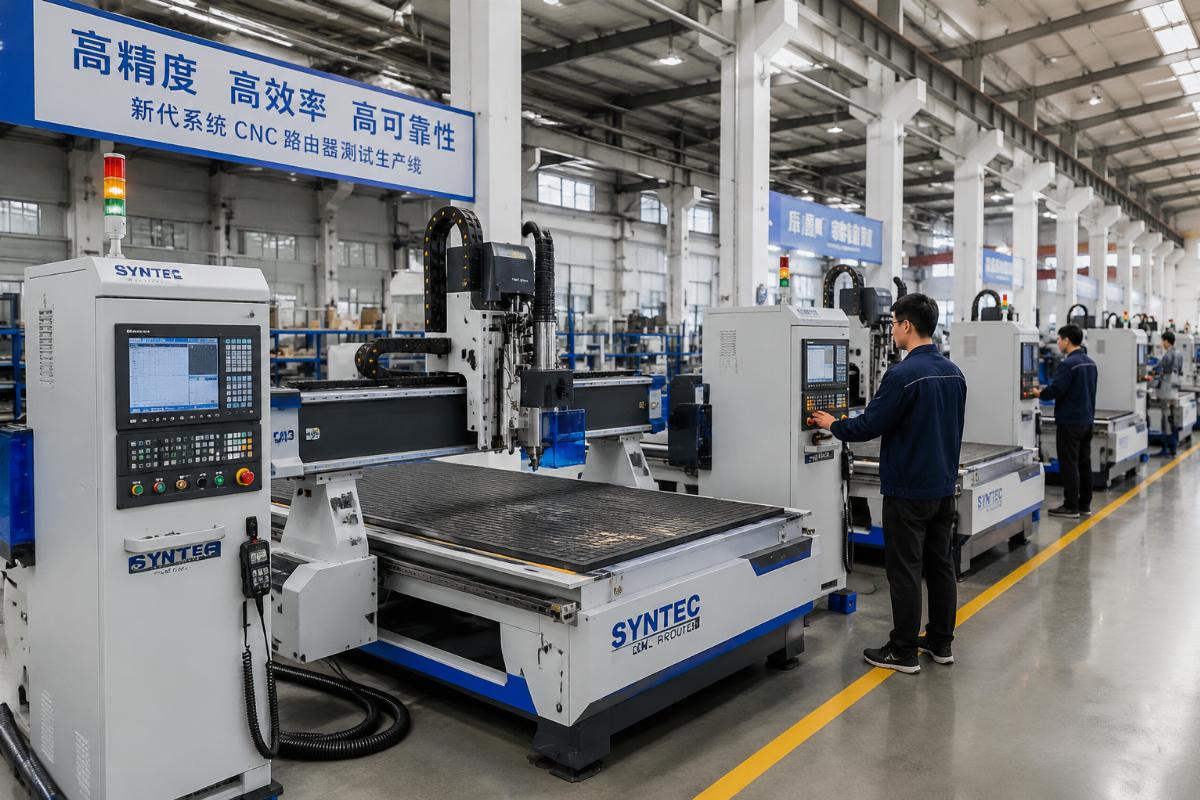 Reliable Syntec control CNC router manufacturing process A production line of Syntec control CNC routers being tested in a Chinese factory