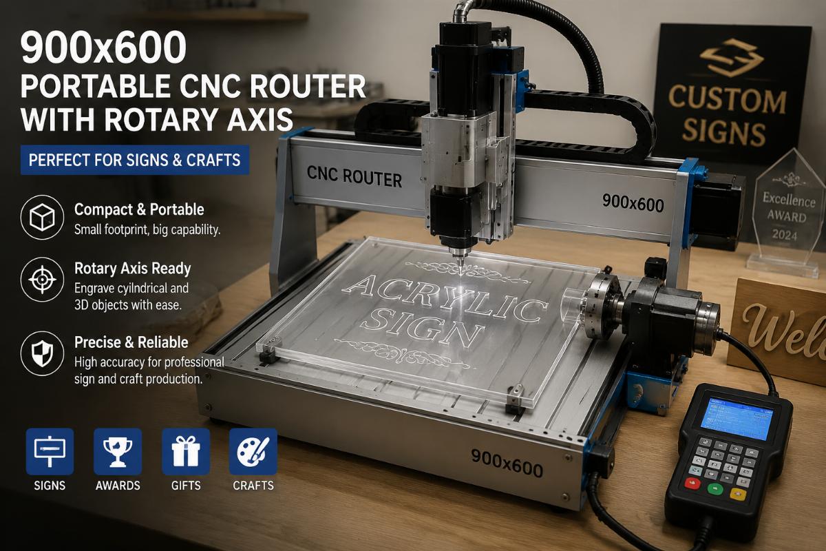 Small format 900x600 portable CNC router with rotary axis processing an acrylic sign blank