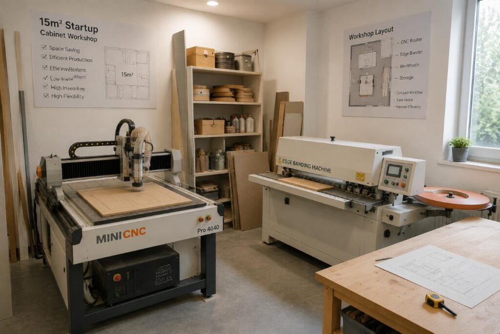 A compact portable CNC router installed in a 15sqm startup cabinet workshop alongside a semi-automatic edge bander