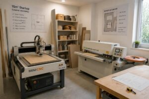 A compact portable CNC router installed in a 15sqm startup cabinet workshop alongside a semi-automatic edge bander