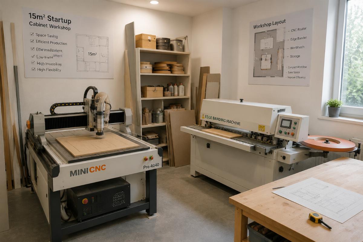 A compact portable CNC router installed in a 15sqm startup cabinet workshop alongside a semi-automatic edge bander