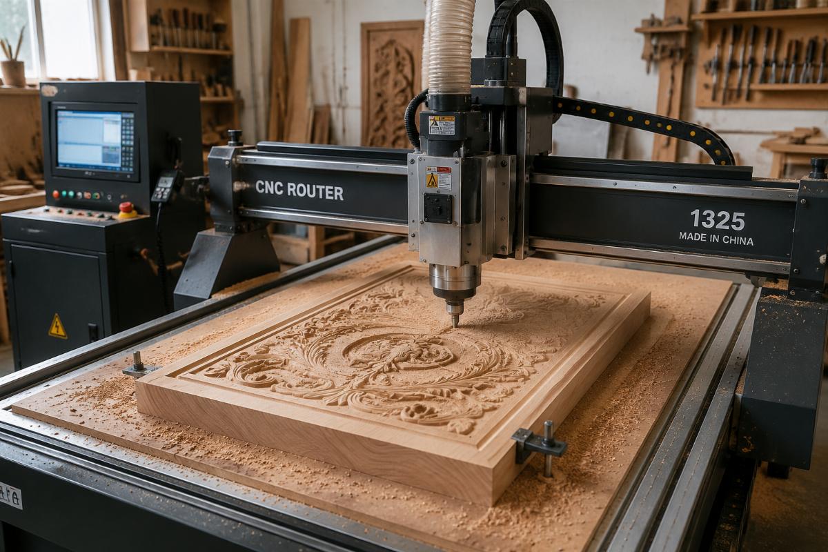 steel frame CNC router for solid wood engraving CNC router operating on solid wood material in a small woodworking workshop