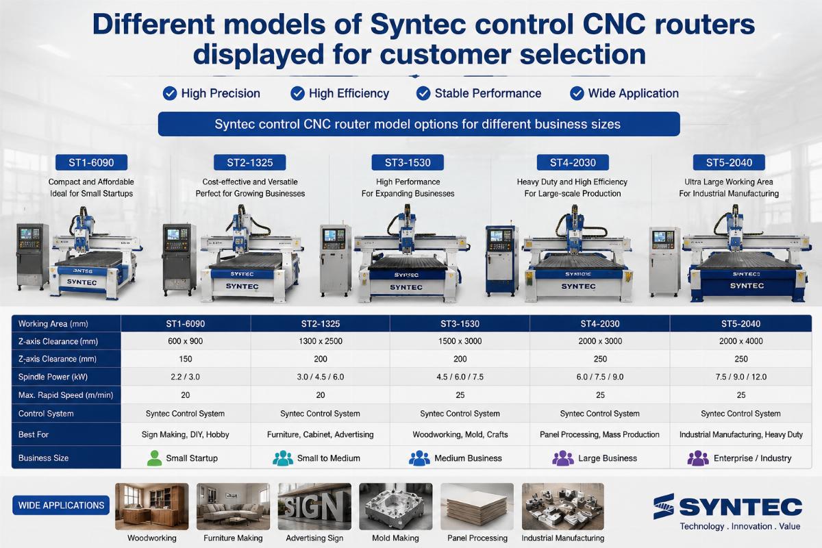 Syntec control CNC router model options for different business sizes Different models of Syntec control CNC routers displayed for customer selection