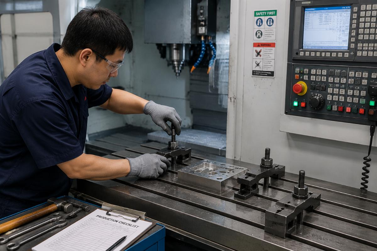 T-slot clamp adjustment during production CNC operator adjusting T-slot clamps between production runs