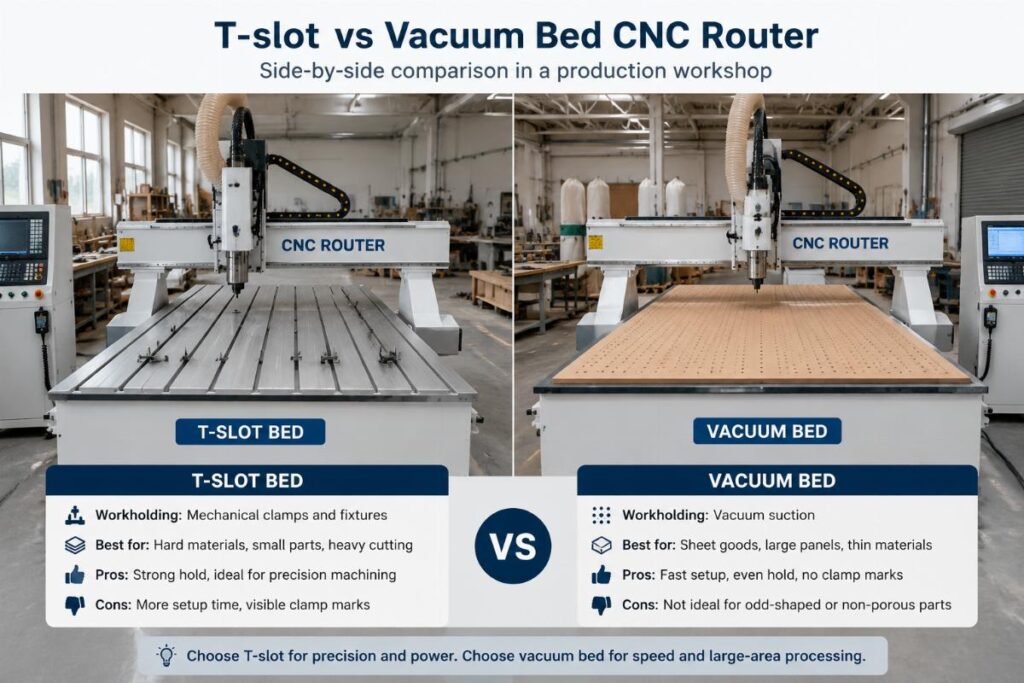 Side-by-side comparison of T-slot and vacuum bed CNC routers in a production workshop
