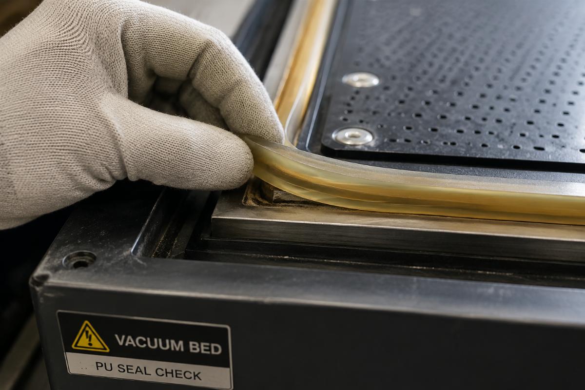Vacuum bed seal maintenance check Close up of a vacuum bed PU seal being inspected during routine maintenance