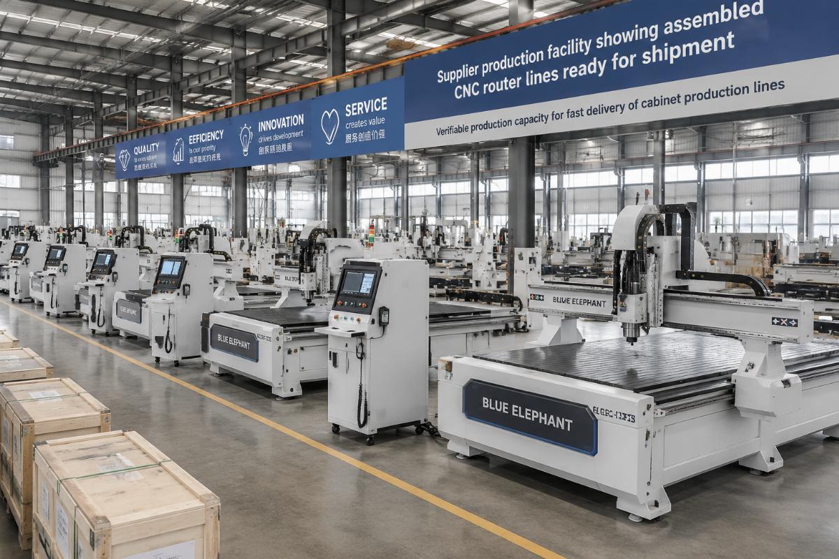 Supplier production facility showing assembled CNC router lines ready for shipment