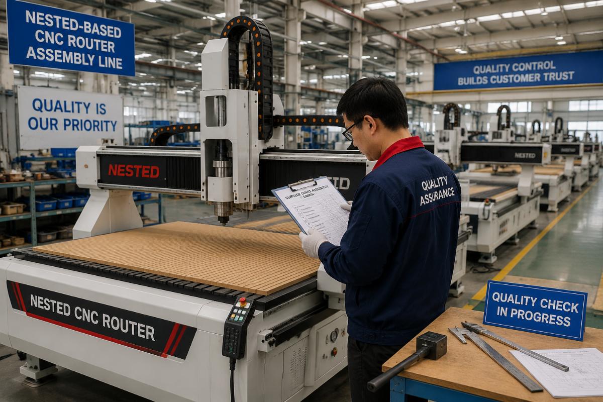Supplier quality assurance check being performed on a nested-based CNC router assembly line